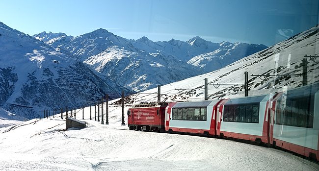 Glacier Express east of Andermatt in Swiss Alps