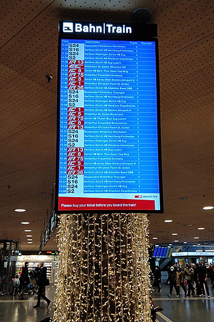 Rail departures sign at Zurich airport