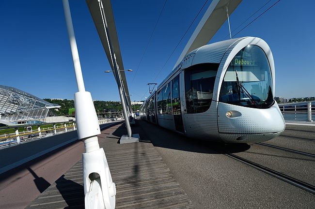 Tram on Pont Raymond Barre in Lyon France