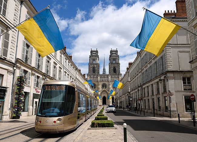 Tram under Ukraine flags in Orléans France