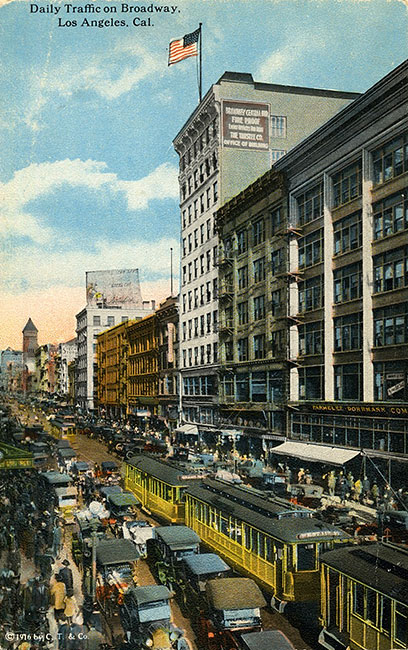 1916 traffic jam on Broadway in downtown Los Angeles